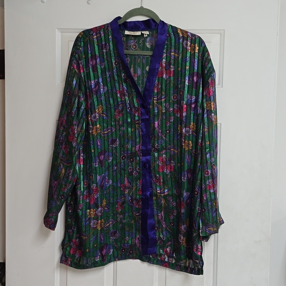 Vintage Victoria's Secret Green Floral Stripes Button front night shirt